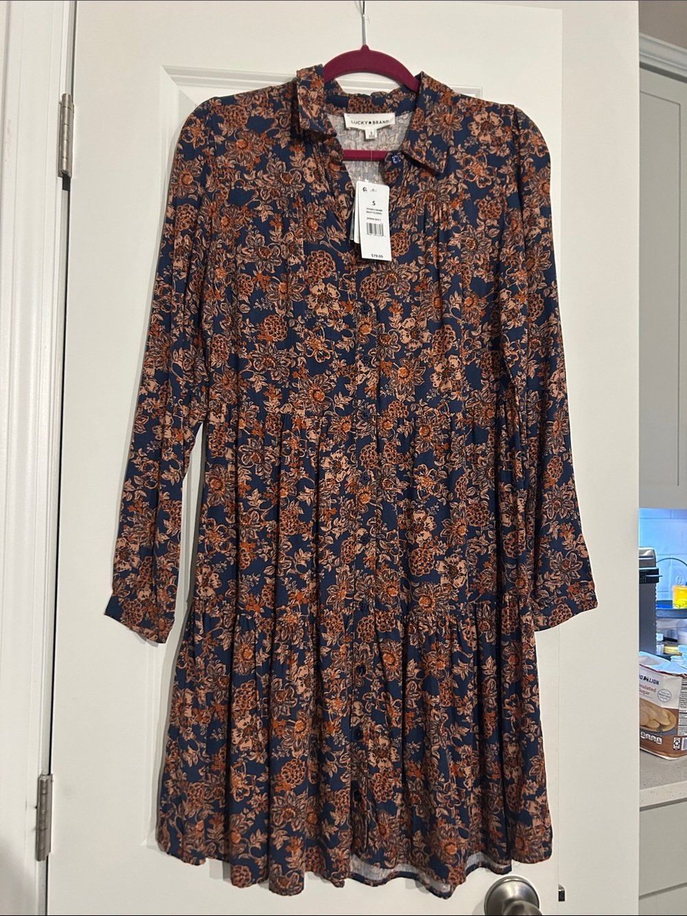 Lucky Brand Navy Floral Tiered Long-Sleeve Dress with Brown Print